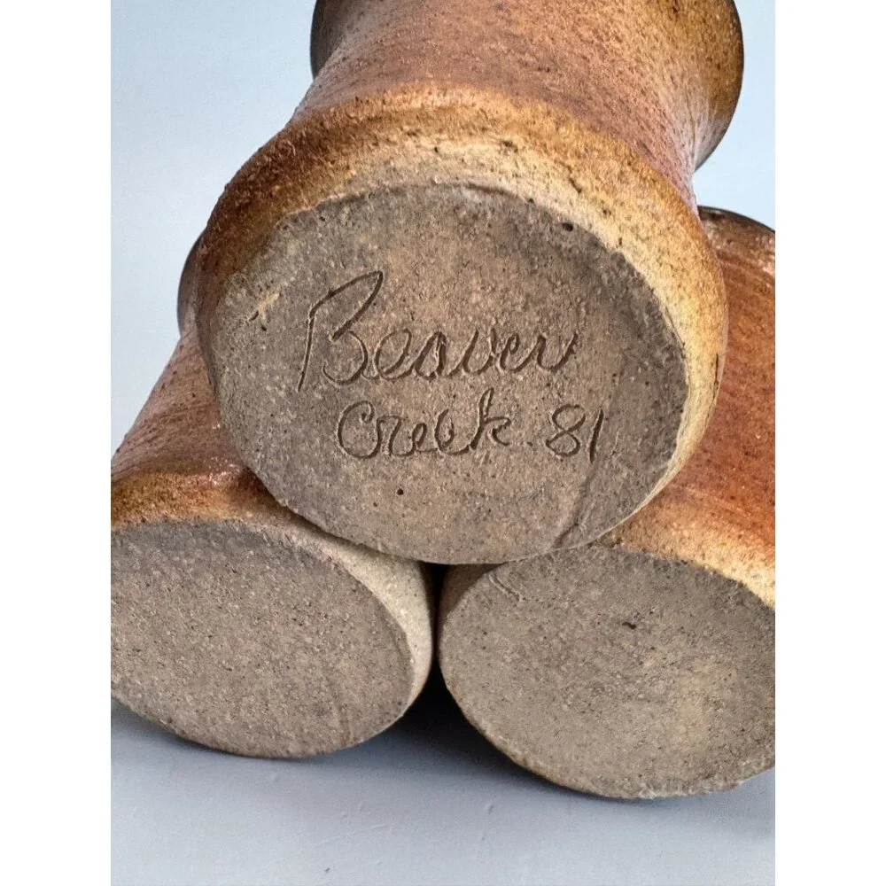 Beaver Creek Pottery Stoneware Utensil Holder Brown 3-Section 3.5"x5.25" 1981 - Picture 3 of 7